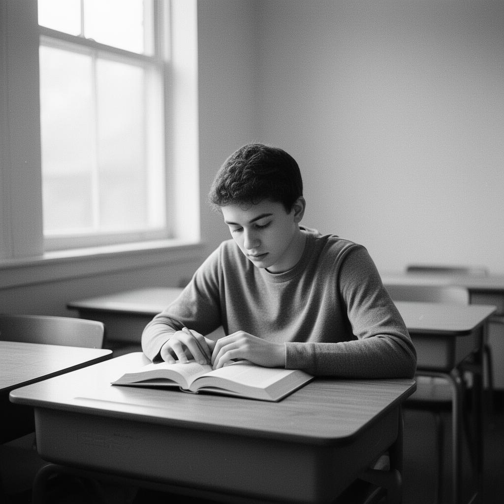A focused American student reading at a school desk
